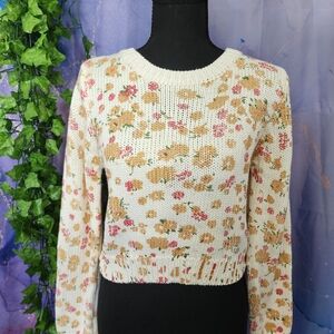 Free People Floral Crew Neck Sweater - Cream and Pink